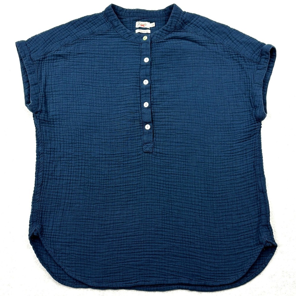 Faherty Isha Top Womens Small Blue Organic Cotton Double Gauze Henley Blouse S